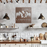 Bigfoot  in the Mountains with American Flag Family Name and Address Metal Sign