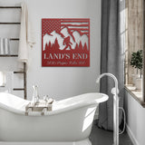 Bigfoot  in the Mountains with American Flag Family Name and Address Metal Sign