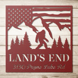 Bigfoot  in the Mountains with American Flag Family Name and Address Metal Sign