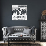 Bigfoot  in the Mountains with American Flag Family Name and Address Metal Sign