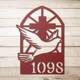 Cross With Dove House Number Metal Wall Art