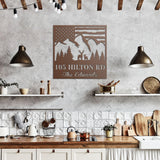 Deer US Flag Mountains Address Large Metal Sign