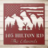 Deer US Flag Mountains Address Large Metal Sign
