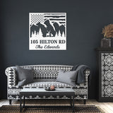 Deer US Flag Mountains Address Large Metal Sign