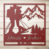 Skiing Couple Kissing in the Snow Mountains Metal Wall Art