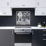 Skiing Couple Kissing in the Snow Mountains Metal Wall Art