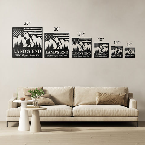 Bigfoot  in the Mountains with American Flag Family Name and Address Metal Sign