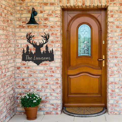 Deer Antlers Last Name Metal Sign
