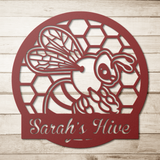 Personalized_Honey_Bee_Hive_Sign_Red_Simple_Wood_BKGD_Mockup.png
