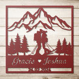 Skiing Couple Kissing in the Snow Mountains Metal Wall Art